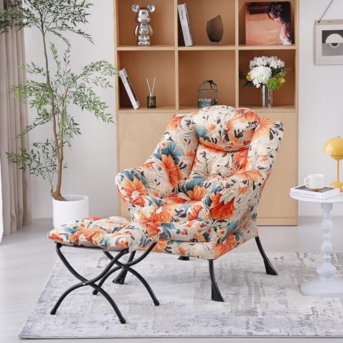Welnow Lazy Chair with Ottoman, Reading Chair with Footrest,Orange Blue