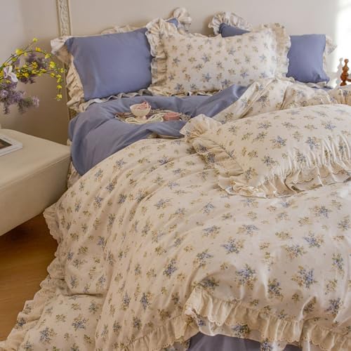 Blue Floral Duvet Cover Twin Size Cotton Lace Trim Comforter Cover Twin Size Ruffle Boho Pattern Zipper Duvet Cover Set with 2 Pillow Cases Princess Girls Bedding Set Farmhouse Duvet Protector