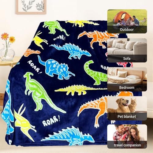 TEHALK Dinosaur Glow in The Dark Blanket for Boys/Girls/Toddler/Baby, Dinosaur Toys for Boy Age 3-12, Cute Funny Kids Throw Blanket for Birthday/Gifts 50"x 60"
