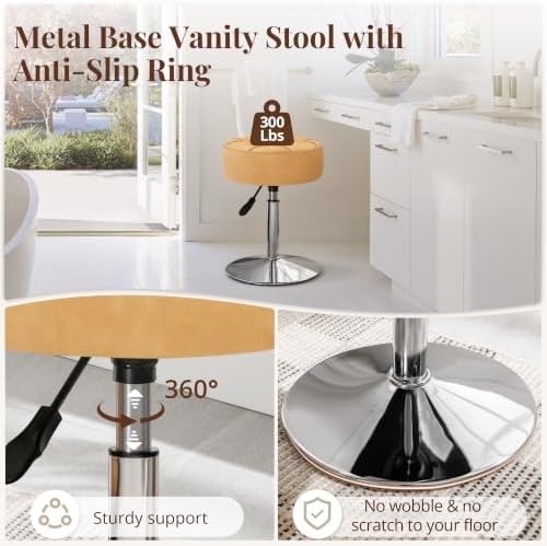 LUE BONA Adjustable Vanity Stool, 360°Swivel Vanity Chair Stool for Makeup Room, Honey Brown Stool Chair for Vanity, Small Velvet Vanity Stool for Bathroom, Living Room