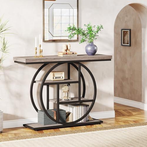 Tribesigns 41.3" Console Table, Industrial 4-Tier Sofa Table Entryway Table with Circle Base, Narrow Wood Accent Tables with Storage Shelves for Living Room, Hallway, Foyer, Gray
