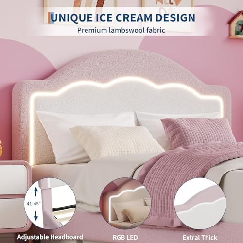 IDEALHOUSE Full Bed Frame with LED Headboard, Boucle Fabric Upholstered Platform Bed with LED Light for Kids, Girls, Wooden Slats Support, No Box Spring Needed, Pink