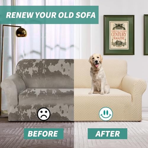 YEMYHOM Couch Cover Latest Jacquard Design High Stretch Sofa Covers for 3 Cushion Couch, Pet Dog Cat Proof Slipcover Non Slip Magic Elastic Furniture Protector (Sofa, Beige)