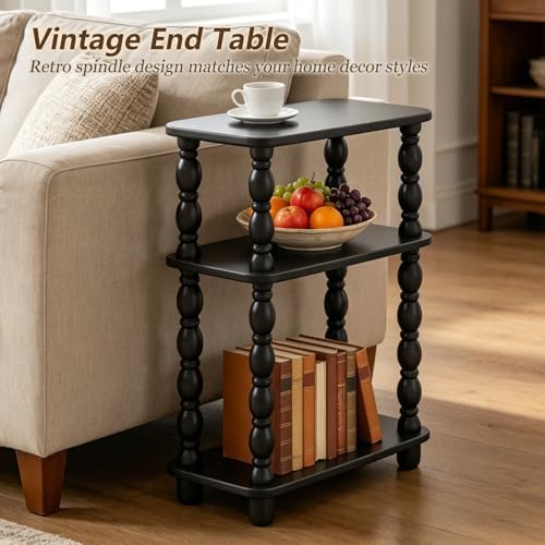 Narrow Side Table, Small End Table with 3 Tier Shelf, Retro Couch Side Table for Living Room, Vintage Farmhouse End Table, Bedroom Skinny Bedside Table Nightstand(Black)
