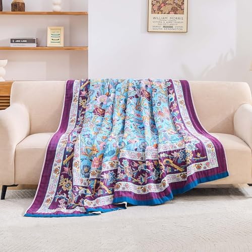 XIBLC Fall Blanket for Bed, 100% Cotton Soft Rustic Boho Throw Blanket Quilt, 90"x98" Farmhouse Decor Bed Flower Blankets, Light Weight Reversible Bohemian Throw Quilt