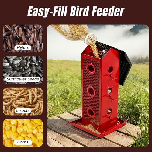 All Metal Bird Feeder for Outdoors Hanging | 14-Port Multi-Bird Viewing | Rust-Proof, Waterproof & Easy-Clean | Attracts Cardinals, Finches, Chickadees & More (Elegant Red & Black)