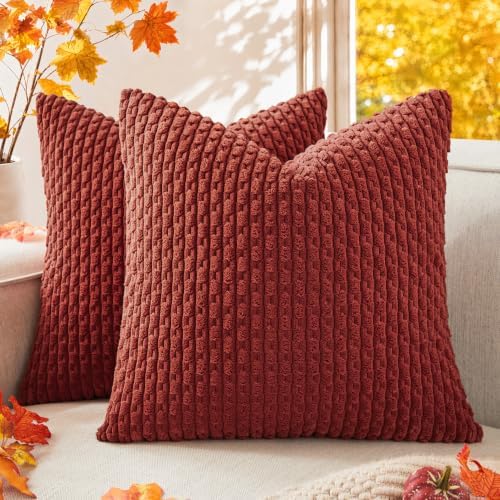 Kevin Textile Soft Corduroy 18x18 Inch Pillow Covers 2 Pack, Burnt Brick