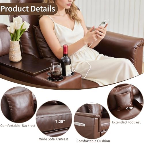 LEVNARY Modular Lift-Top Console with USB Charging and Cup Holders, Center Storage Module for Modular Reclining Sofa (Brown)