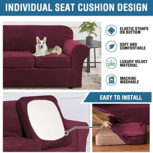 H.VERSAILTEX Real Velvet Plush 3 Piece Stretch Sofa Covers Couch Covers for 2 Cushion Couch Sofa Slipcovers Width Up to 90 Inch Feature Thick Soft Stay in Place (Large Sofa, Burgundy)