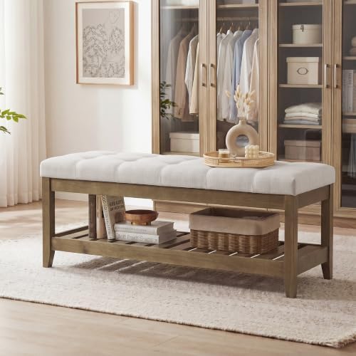 SONGMICS Storage Ottoman with Solid Wood Frame, 42.9 x 15.7 x 17.7 Inches