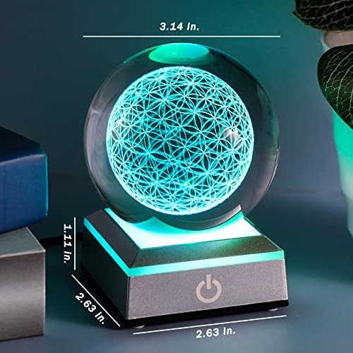 Flower of Life Crystal Sphere with Led Colorful Lighting Touch Base, Sacred Geometry Crystal Ball Starlight Magic, Feng Shui Decor Laser Engraved Seek of Flower Inside A Sphere