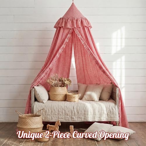 SmoothNovelty Gingham Plaid Bed Canopy, Red White, Round