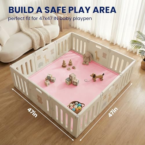 Huloo Sleep Ultra Soft Baby Play Mat for Floor,1.3" Thick Elasti-Foam 47x47 Play Mat for Playpen,Water-Repellent Coral Velvet for Tummy Time, Non-Slip Backing Safe for Toddlers & Infants（Pink）