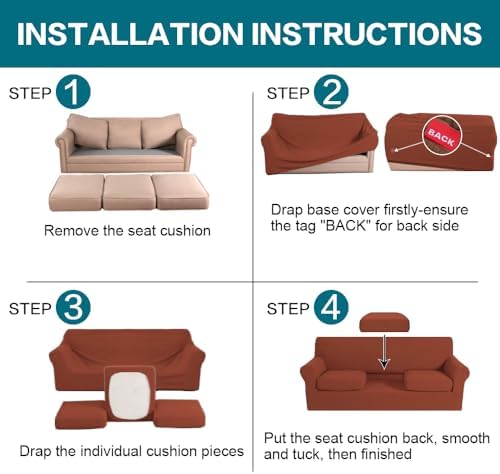 Turquoize 4 Piece Sofa Covers for 3 Cushion Couch Sofa Slipcover Soft Couch Cover for Dogs-Washable Sofa Furniture Covers with 3 Individual Cushion Covers (3 Cushion Sofa, Rust)