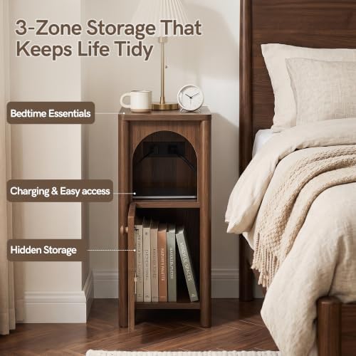 Walnut Narrow Nightstand with Charging Station, Slim Bedside Table