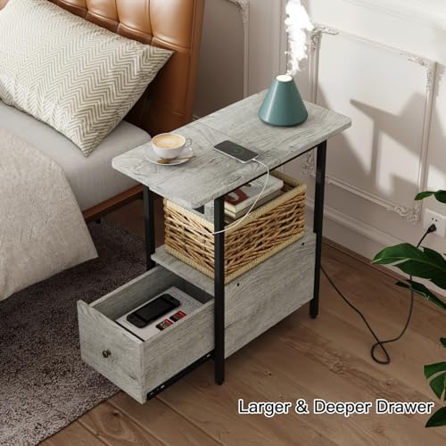 LIDYUK End Table with Charging Station, Narrow Side Table with Drawer