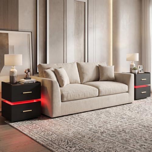 GIANTEX LED Night Stand Set 2 with Charging Station, Semi-Floating Bedside Table w/2 Storage Drawers, USB & Type-C Ports, Modern Couch End Sofa Side Table for Bedroom Small Spaces (Black)
