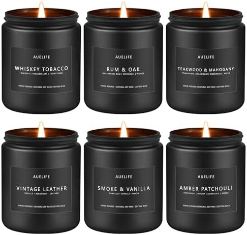 Scented Candles Set | Gifts for Men - 6Pack Candle Set - Masculine Candle, Soy Candles for Home Scented, Aromatherapy Gift - Fragrance of Smoke Vanilla/Leather/Mahogany/Tobacco/Oak/Amber Patchouli