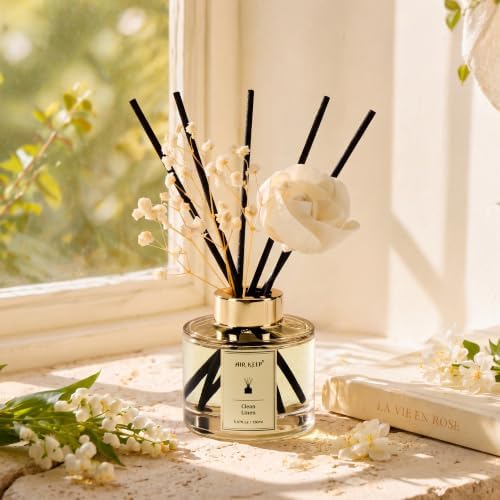 Airkeep Flower Reed Diffusers Set, 5.07 oz Clean Linen Scented Oil Diffuser with 8 Reed Sticks, Home Fragrance Diffuser Gift Set for Bathroom & Office Decor 150ml