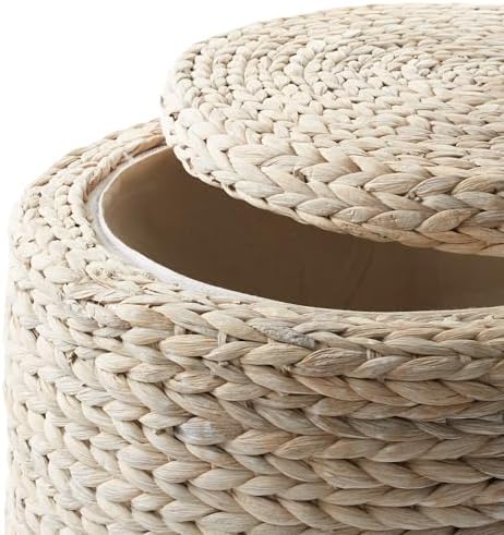 Casafield 17" Round Storage Ottoman with Lid - Whitewash White, Handwoven Water Hyacinth Footstool for Living Room, Bedroom, Bathroom, Home Office