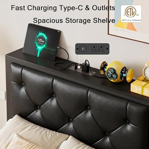 Einhomn Twin Bed Frame with Storage Drawer, Metal Platform Bed with Charging Station, Upholstered Faux Leather Button Tufted Storage Headboard, No Box Spring Needed, Noise-Free, Easy Assembly, Black