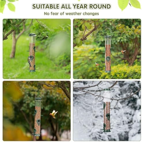 MIXXIDEA 1PK Metal Wild Bird Feeder,Squirrel Proof Bird Feeders for Outside,Hanging 6 Port Tube Bird Feeder Transparent Finch Bird Feeder for Attracting Birds in Your Lawn, Garden, Balcony-Green