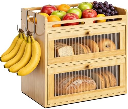 Bread Box for Kitchen Countertop, 2-Tier Bamboo Storage with Top Shelf