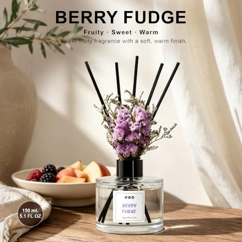 Reed Diffuser Set with Dried Flowers, 5.1 fl oz / 150ml, Berry Fudge - Home Fragrance Diffuser with Sticks for Bathroom Shelf Decor, Bedroom, Office & Gift