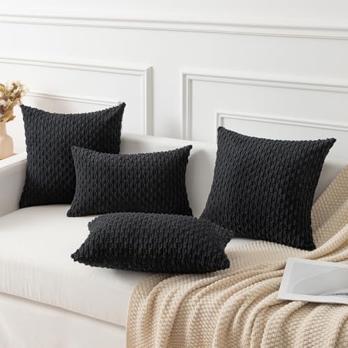 Kevin Textile Soft Corduroy 18x18 Inch Pillow Covers 2 Pack, Black