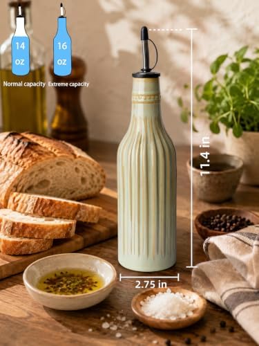 Ceramic Olive Oil Dispenser, 14 oz Vinegar Olive Oil Cruet (Vintage Green)