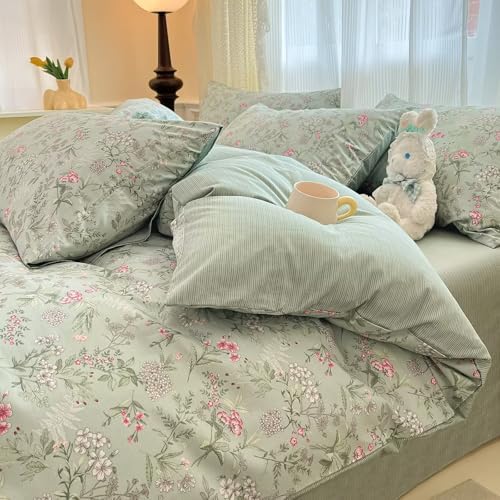 Green Floral Duvet Cover Full Size 100% Cotton,Rustic Cottagecore Duvet Cover with 2 Pillowcases,Soft Breathable Aesthetic Quilt Covers with Zipper Full Size 80"×90"