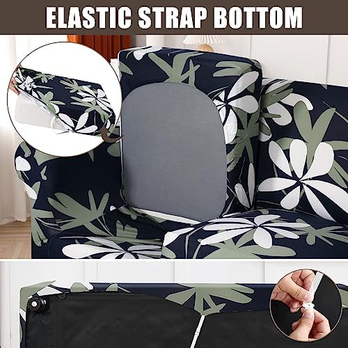 SearchI Stretch Sofa Cover Printed Couch Covers, Floral Pattern 2 Piece Armchair Slipcover with Separate Chair Cushion Cover, Washable Furniture Protector for Living Room(Chair, Navy Blue)