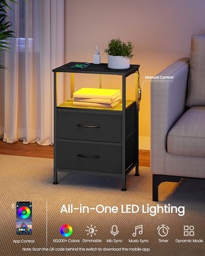 SONGMICS Nightstand with Charging Station, 2 Fabric Drawers