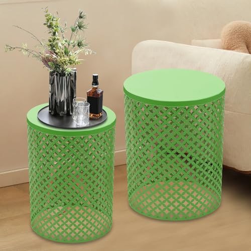 Metal Frame Accent Table,Cylindrical Outdoor Side Table,Decorative Garden Stool,Set of 2 Nesting Side Table,Modern Decorative Garden Stool for Patio Balconies Cafes Parks (2, Green)