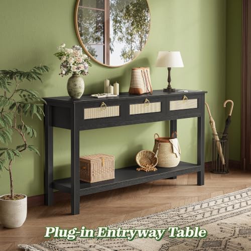 SUPERJARE Rattan Console Sofa Table with Outlets, USB-C Port and 3 Drawers