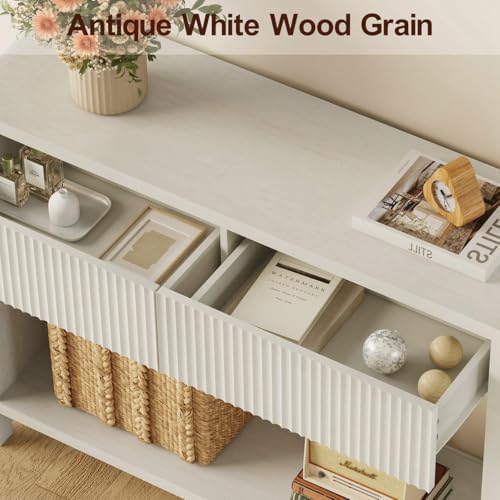 FATORRI Console Entryway Table with Storage, Wooden Narrow Sofa Table with Drawers and Open Shelf, 39.37 inch Modern Hallway Tables Behind Couch for Living Room, Dining, Foyer, Bedroom (Antique White)