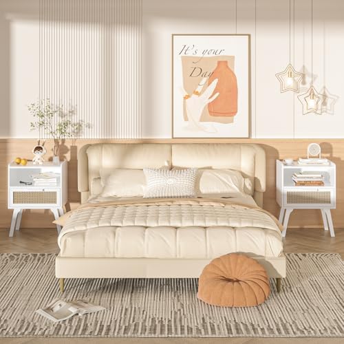 Lerliuo Rattan Nightstand, Bedside Table with Drawer Open Shelf