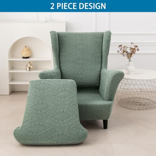 HZDHCLH Wingback Chair Slipcovers 2 Piece Stretch Spandex Chair Covers Washable Armchair Protector with Elastic Fit for Living Room Bedroom Green Embossed Leaf Pattern