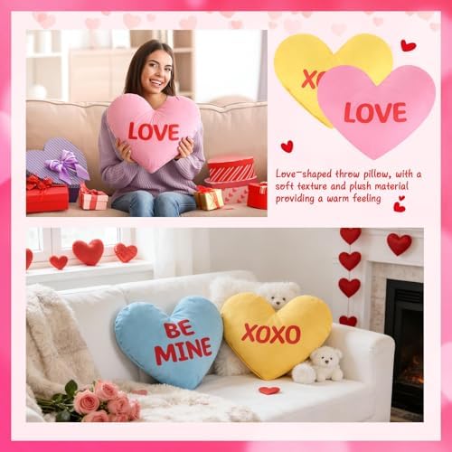 Cumule 3Pcs Valentine's Day Heart Pillows Candy Heart Pillows Blue Pink Yellow Pillows for Valentines Day Living Room Bedroom Decor Gifts