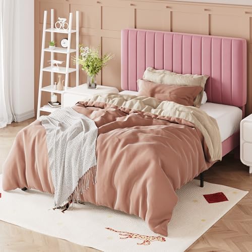 Allewie Twin Bed Frame, Velvet Upholstered Platform Bed with Adjustable Vertical Channel Tufted Headboard, Mattress Foundation with Strong Wooden Slats, Box Spring Optional, Easy Assembly, Pink