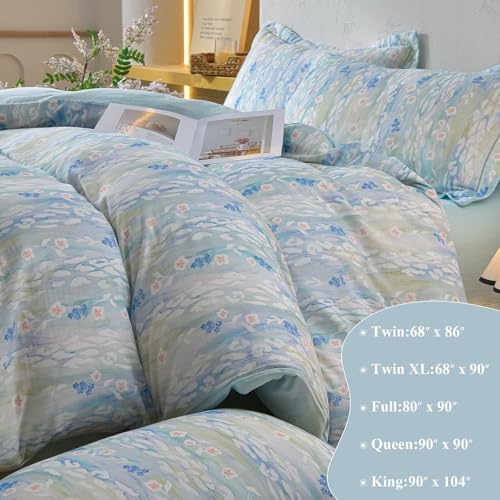 100% Cotton Blue Floral 2 Layer Muslin Duvet Cover Queen Size with 2 Pillowcases,Aesthetics All Season Gauze Comforter Cover for Women,Soft Breathable Duvet Covers Queen 90"×90"