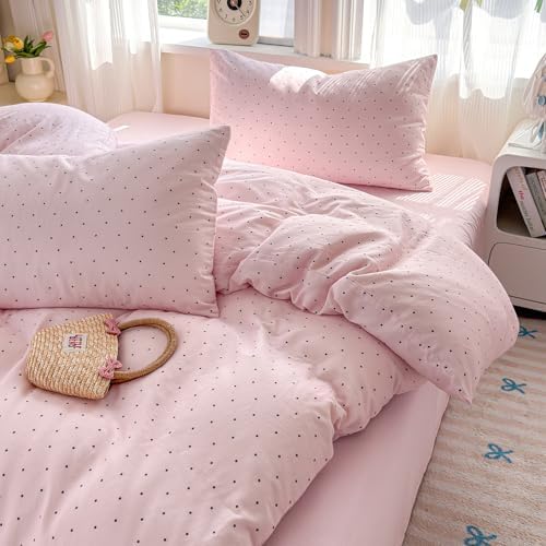 LifeTB Pink Duvet Cover Set Full Size, 100% Muslin Cotton Polka Dot Duvet Cover with 2 Pillowcases, Breathable Soft All Seasons Gauze Comforter Cover, Aesthetic Coquette Bedding Set for Girls