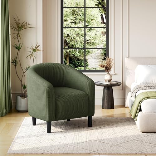 Yaheetech Small 25.5in Wide Corduroy Barrel Accent Chair, Dark Green