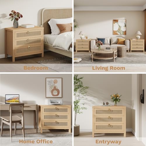 Eclatara Large Rattan Night Stand Set of 2 Boho Nightstand with 3 Drawers
