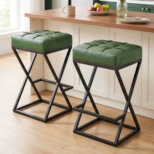 Bar Stools Set of 2, 26 Inch Counter Height Stool Faux Leather Green