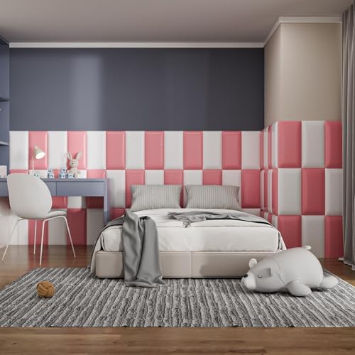 Peel and Stick Headboard Pink Upholstered Wall Panels, 4 Panels Sized 7.8" x 15.7", 3D Anti-Collision Soundproof Self-Adhesive Wall Panel for Bedroom