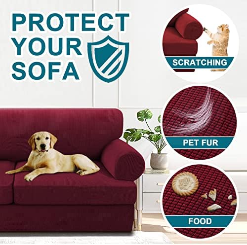 Turquoize 3 Piece T Cushion Sofa Slipcovers Stretch Couch Cover Furniture Covers with 2 Individual T Cushion Covers, Machine Washable (2 Cushion Sofa, Burgundy)