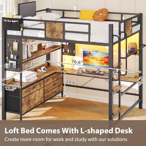Full Loft Bed with Desk and 5 Storage Drawers, Rustic Brown