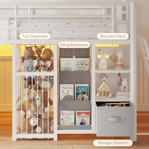 Twin Low Loft Bed, Kids Loft Bed, Storage Drawers, LED Lights, White Gray