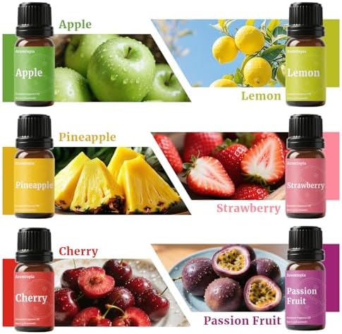 Fruit Fragrance Oils, Aromtopia 6x10ml Fruity Essential Oils for Diffusers for Home, Soap Candle Making Scents, Strawberry, Pineapple, Lemon, Cherry, Passion Fruit, Apple, Fragrance Oil Gift Set